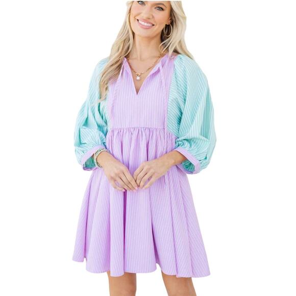 Ultramarine Two-tone Striped Puff Sleeve Mini Dress Size M | Pink & Green - Picture 3 of 3